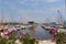 Guardamar del Segura Marina de las Dunas with boats and yachts and pink flowers Spain