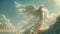 Guardian angel in the clouds of heaven. Spiritual background. Archangel. Heavenly angelic spirit with wings. White angel
