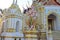 Guardian giant is standing in front of church Buddhist temple closeup.