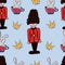 Guardsman and Rabbit or Hare Seamless pattern in English royal style, British Flag. Vector Endless texture