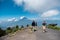 GUATEMALA - NOVEMBER 10, 2017: People waling on top of Pacaya Volcano View Point. San Pedro Volcano in Background