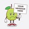 Guava Fruit cartoon mascot character with cheerless face and holding a message board