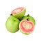 Guava is a tropical fruit with pink juicy flesh and a strong sweet aroma with leaf on a transparent background