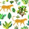 Guepard and tropical plants seamless patttern, handdrawn design. Vector illustration