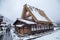 Guest house in Shirakawago village in Gifu, Japan with snow cover