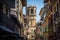 Guetaria, Spain - August 12 2018: Main street view with the cathedral in the background