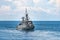 Guided missile corvette type navy ship sails in the sea to protect sea line of communcation or SLOC