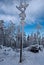 Guidepost on Malinowska Skala hill in winter Beskid Slaski mountains in Poland