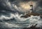 Guiding Beacon: Lighthouse on a Stormy Beach, Towering Amidst Crashing Waves