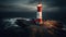 Guiding Light Amidst the Storm: A Red and White Lighthouse Illuminated in a Heavy Nighttime Tempest