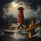 Guiding Light in the Storm: A Lighthouse at Night Amidst the Rough Sea