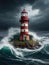 Guiding light in the tempest red lighthouse amongst raging waves. Generated AI