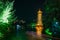 Guilin tower with light trails from a boat