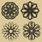 Guilloche set. Black filigree lace patterns on beige background. Fine geometric antique patterns. Circle design motifs