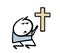 Guilty man is kneeling in front of the cross and praying. Vector illustration of a man atoning for sins, asking God for