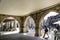 Guimaraes, Braga, Portugal. August 14, 2017: Gothic style arches of a stone house in the most central square of the town called Sa