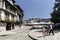 Guimaraes, Braga, Portugal. August 14, 2017: Main square of the town called Santiago, with cobblestone floors, terraces of bars an