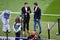 GUIMARAES, PORTUGAL - June 05, 2019: Journalist with microphone interview during the UEFA Nations League semi Finals match between