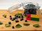 Guinea Bissau flag on a wooden plank with blueberries o