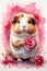 guinea pig on a background of pink flowers, watercolor graphics