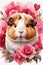 guinea pig on a background of pink flowers, watercolor graphics