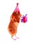 Guinea pig in a festive hat stands on his hind legs and holding a gift. Comic watercolor illustration isolated on white background