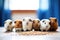 guinea pigs lined up next to a bowl of pellets