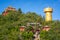 Guishan Dafo temple scenic view with the giant Tibetan Buddhist prayer wheel in Dukezong old town in Shangri-La Yunnan China