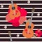 Guitar as a fruit grows from a poppy flower. Funny seamless pattern on a striped background