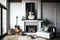 Guitar leaning near fireplace behind chaise in living room. Generative Ai