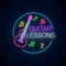 Guitar lessons glowing neon poster or banner template. Guitar training advertising flyer with circle frame in neon style