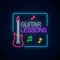 Guitar lessons glowing neon poster or banner template. Guitar training advertising flyer in neon style