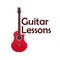 Guitar lessons, school logo. Vector flat illustration. Music.