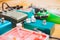 Guitar pedalboard on the floor of a recording studio.