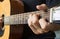 Guitar Player Hand in C Major Chord on Acoustic Guitar in Side View