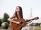 Guitar romantic woman city musician concept