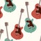 Guitar seamless background. Stringed musical instrument. Vector illustration of colored acoustic guitar on a light background