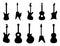 Guitar silhouettes. Rock, acoustic, electric guitars. Black silhouette of rock guitar, illustration of music string