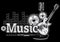 Guitar, speakers and microphone monochrome musical emblem