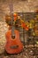 A guitar stands near a wicker fence entwined with autumn leaves