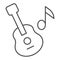 Guitar thin line icon. Acoustic musical instrument with note. Birthday and anniversary entertainment vector design