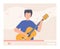 Guitar video tutorial, musical blogger online vector illustration. Playing acoustic instrument lesson, cartoon man