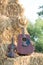 Guitar and violin resting on straw Division in the fields, the w