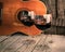 Guitar and Wine on a wooden table romantic dinner