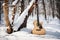 Guitar in a winter forest. white snow background