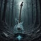 A guitar in the woods with a foggy background, album cover.