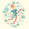 Guitarist, cartoon hipster playing guitar on a colorful background