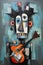 Guitarist playing acoustic guitar in abstract painting in cubism style for poster or flyer in funny style