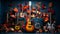 Guitarist playing acoustic guitar, musician singing, colorful decoration on stage generated by AI