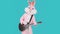 Guitarist is playing guitar. Easter bunny or rabbit or hare celebrates Happy easter, dancing, plays music by acoustic